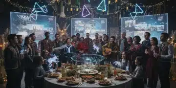 Diverse group celebrating modern holiday with traditional and tech elements