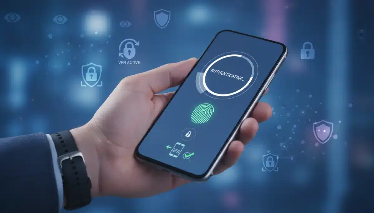 Smartphone displaying multi-factor authentication and VPN for enhanced digital security.