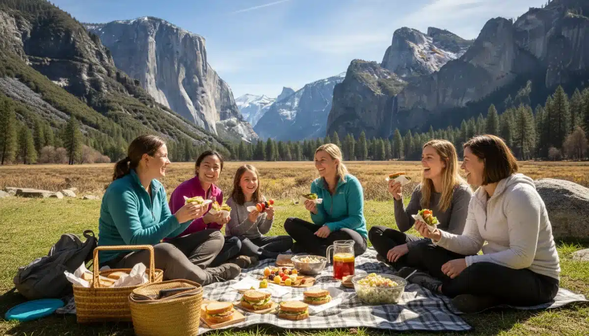 Friends enjoying a budget-friendly picnic in a national park