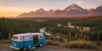 Sunrise over a US National Park with a budget camper van