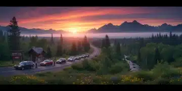 Sunrise over national park entrance with cars waiting, symbolizing 2026 entry challenges