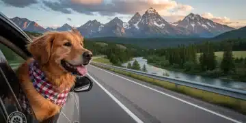 Golden retriever happily looking out car window on a scenic US road trip.