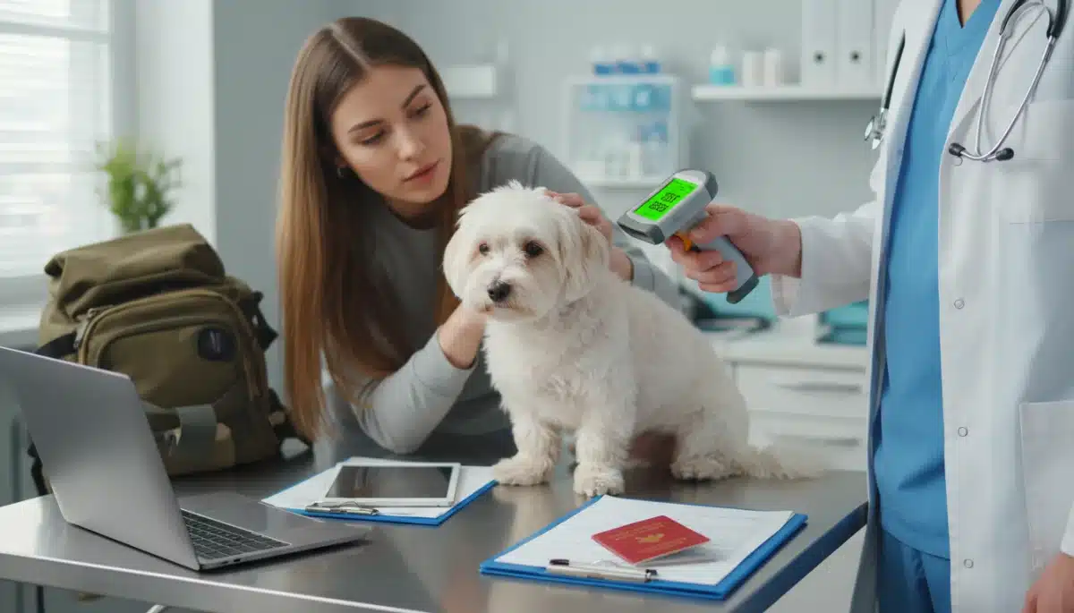 Veterinarian scanning pet microchip for travel compliance