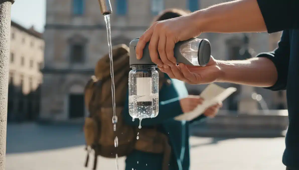 Traveler filling portable water filter bottle to save money