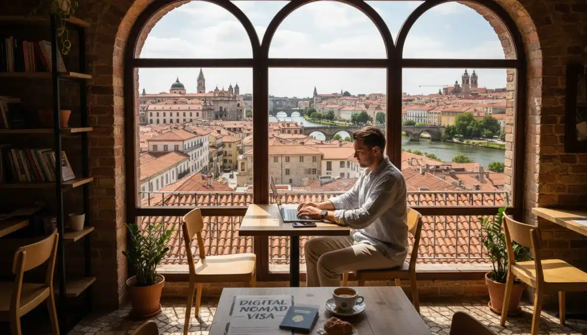 Remote worker enjoying coffee and city views in a European cafe, leveraging a digital nomad visa.