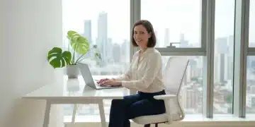 Professional woman working remotely on laptop in modern home office with city view