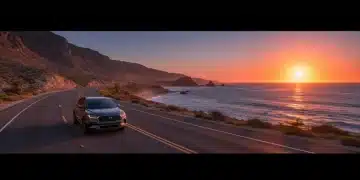Scenic road trip car on US highway at sunset