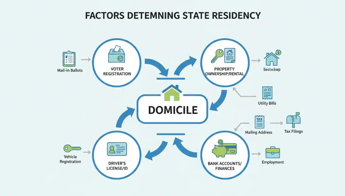 Infographic showing factors determining US state residency for digital nomads, including domicile, voter registration, and driver's license.