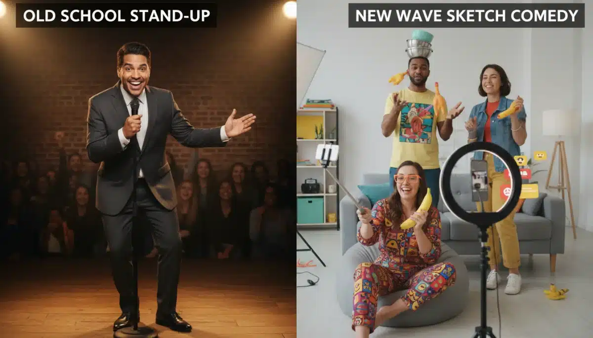 Traditional stand-up meets digital sketch comedy, showing humor evolution