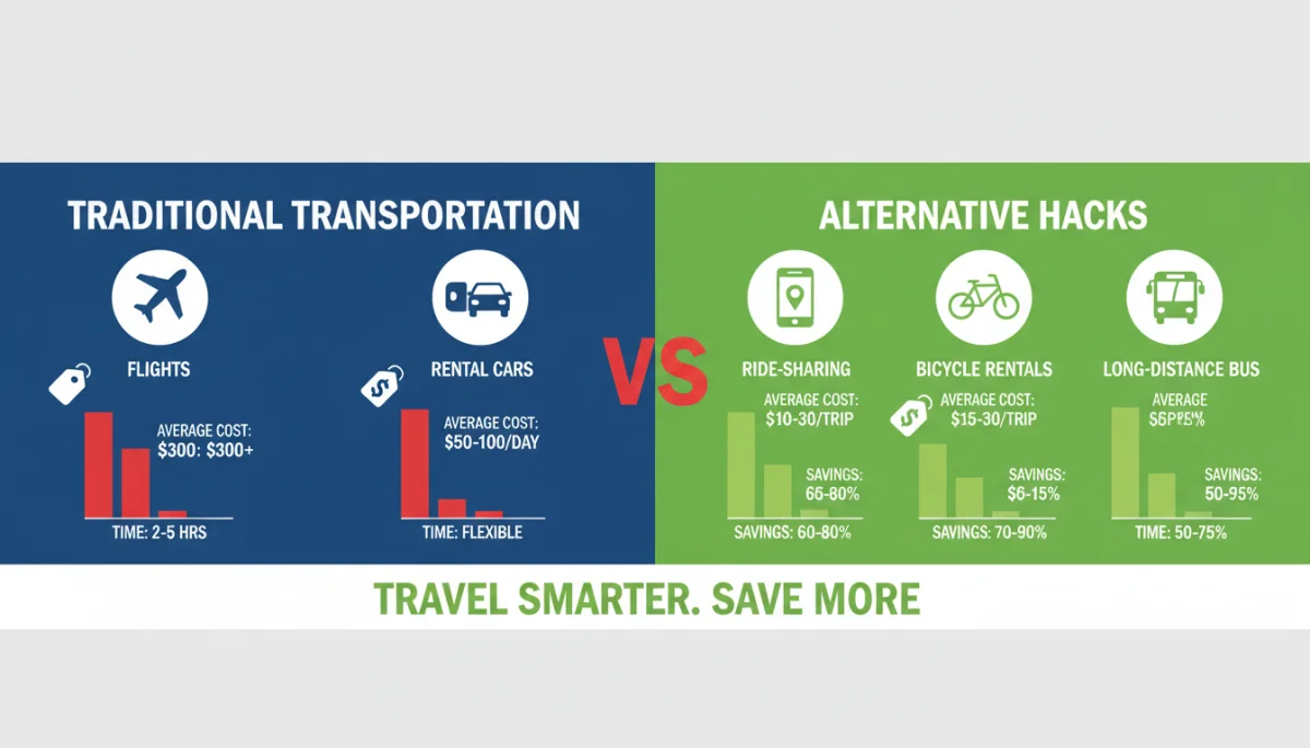 Cost comparison infographic for traditional versus alternative budget travel transportation hacks, highlighting significant savings.