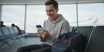 Traveler finds cheap flight on phone at airport