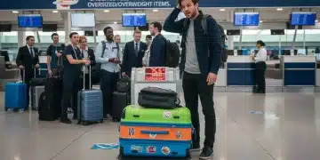 Traveler checking luggage weight at airport to avoid fees