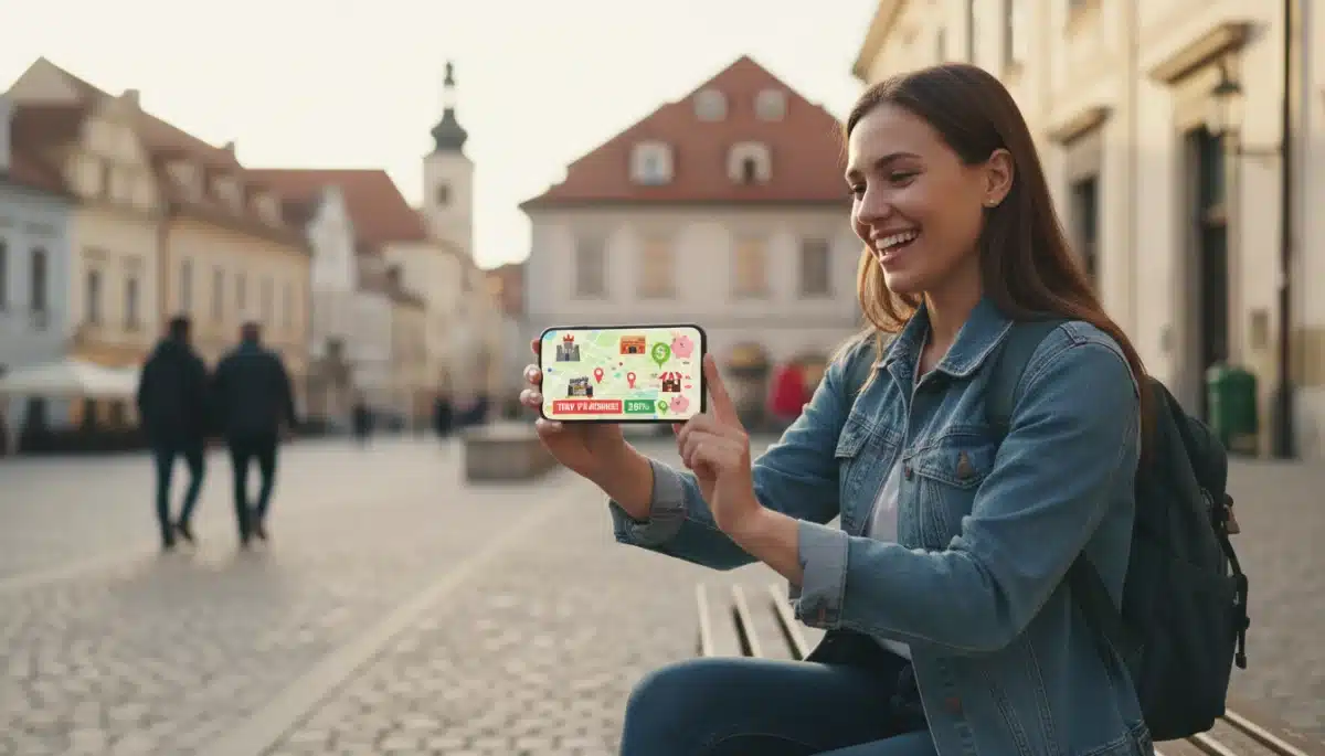 Happy traveler using a budget travel app on a smartphone to find affordable options, with a scenic backdrop.