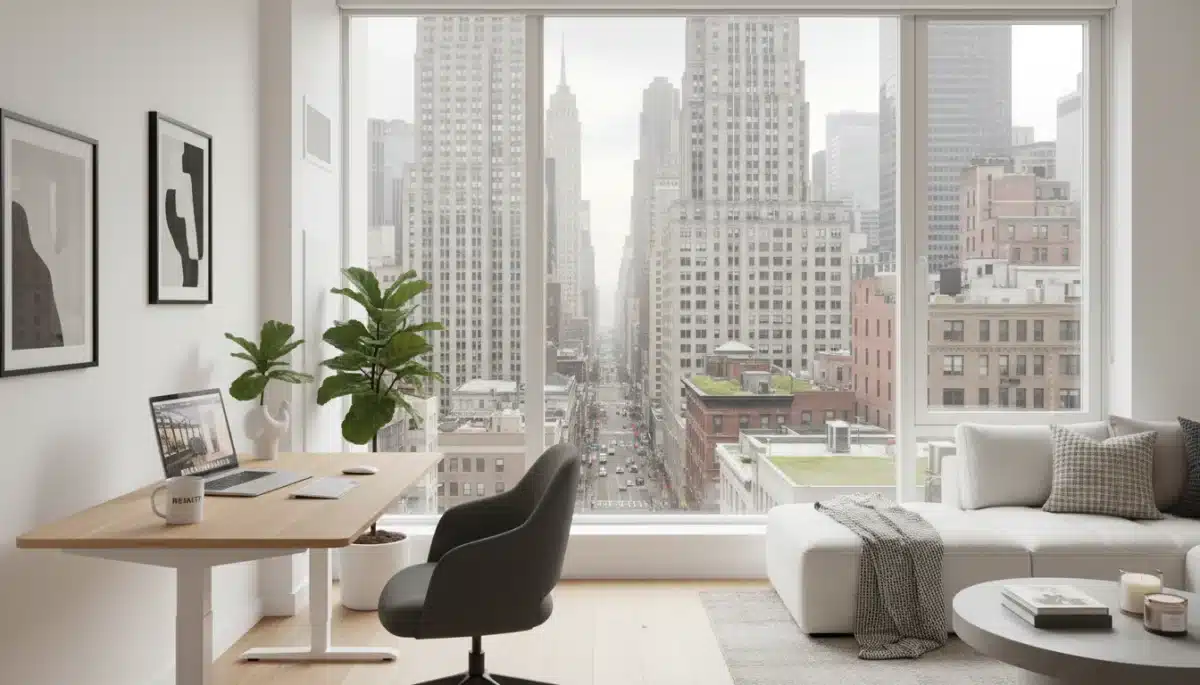 Modern short-term rental interior for digital nomads in urban US