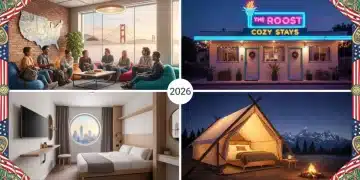 Diverse budget accommodation options across the US for 2026, including hostels, motels, and micro-hotels.