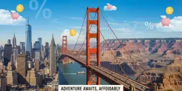 Iconic US landmarks with savings symbols, representing budget travel in America