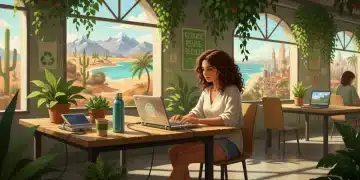 US digital nomad working sustainably in a green co-working space