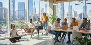 US digital nomads practicing mental wellness in a modern co-working space