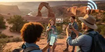 Travelers using smartphones with US map overlay, symbolizing mobile data connectivity