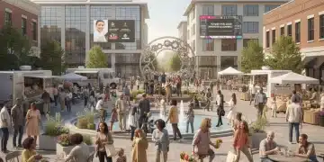 Vibrant community gathering in a town square, symbolizing local economic growth and social cohesion in 2026.