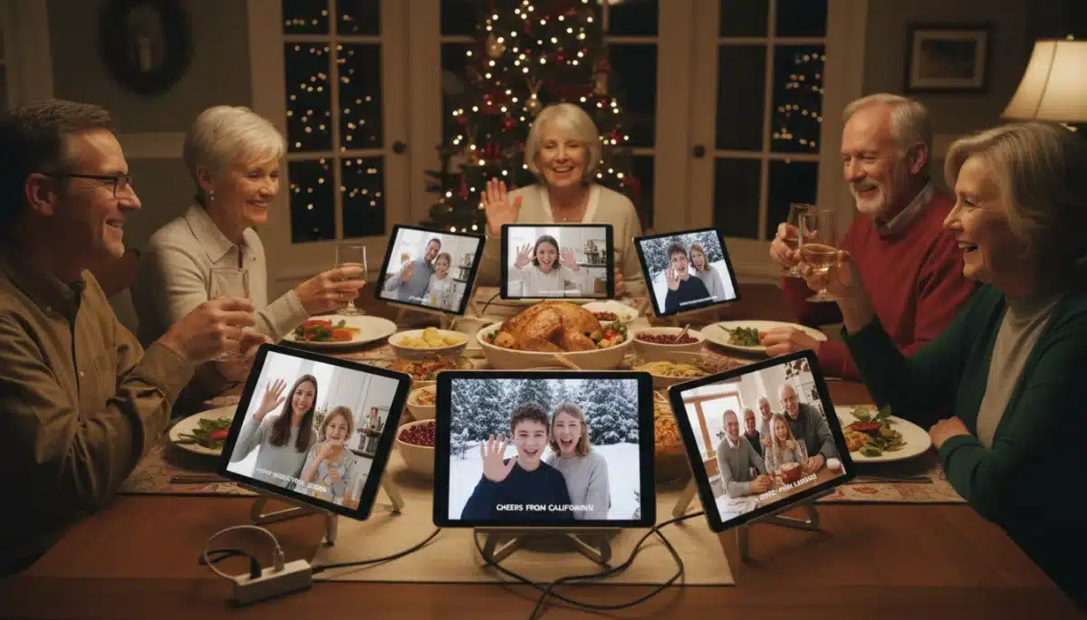 Family celebrating holiday virtually on multiple screens