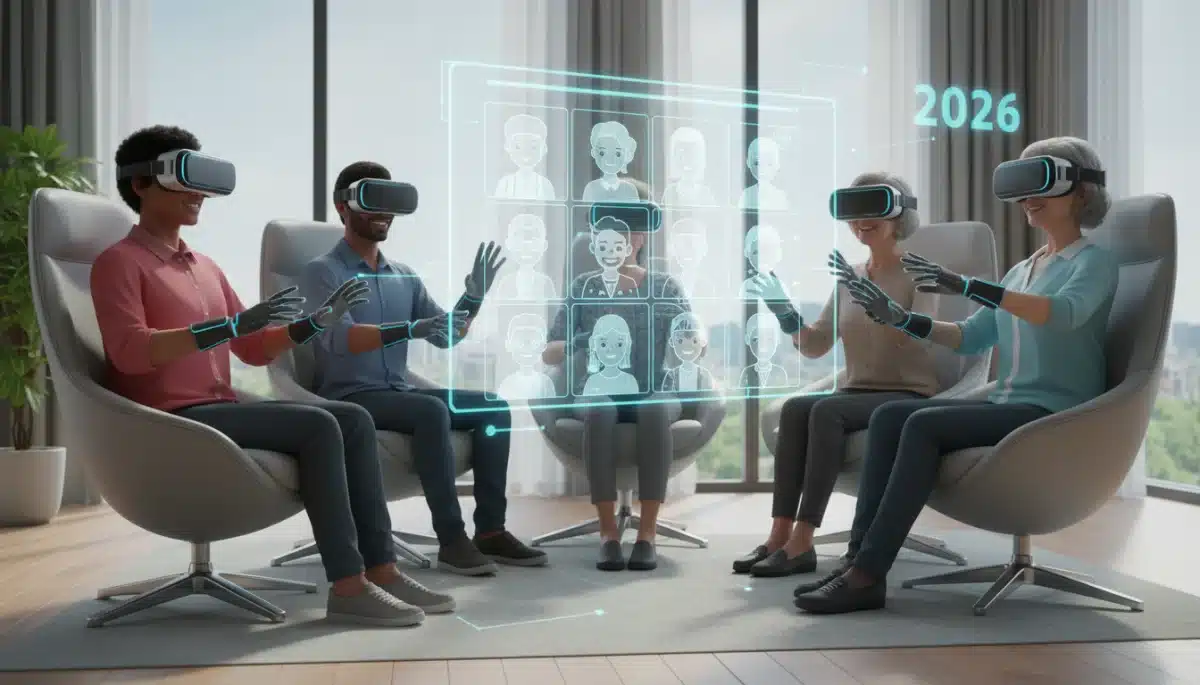 People connect through virtual reality in 2026, demonstrating new forms of social interaction.