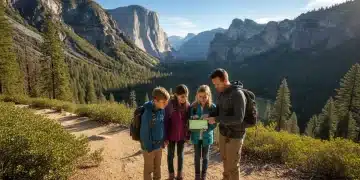 Family hiking in Yosemite, using a digital map on a smartphone for navigation