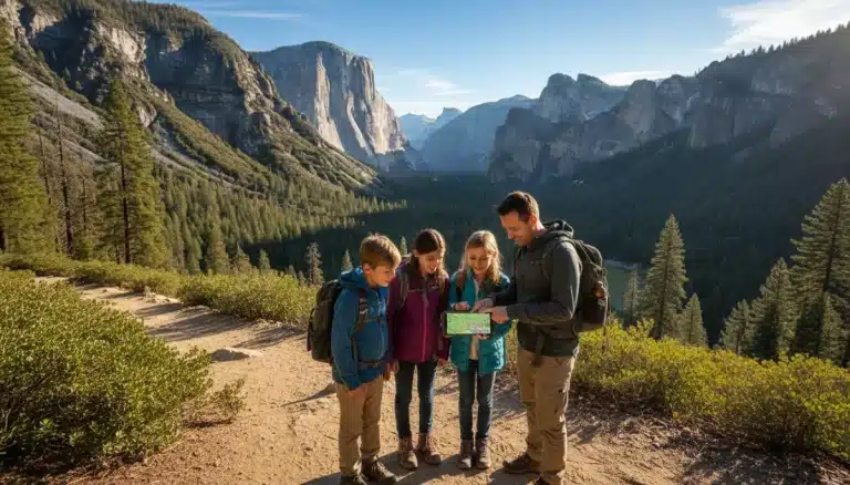 Family hiking in Yosemite, using a digital map on a smartphone for navigation